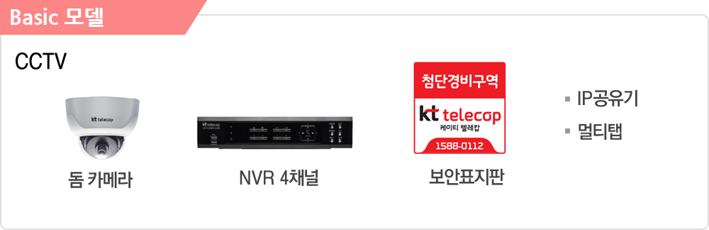 cctv:돔카메라,NVR 4채널,보안표지판,IP공유기,멀티탭