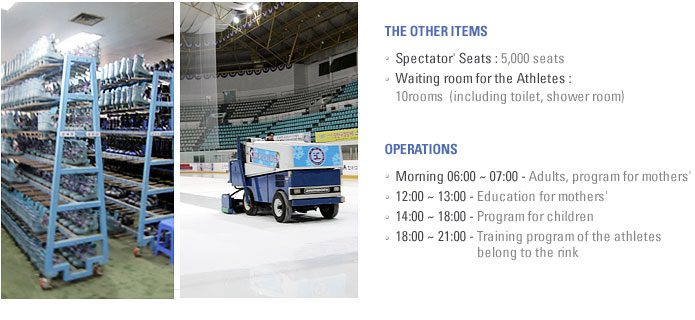 4.THE OTHER ITEMS -Spectator' Seats:5,000 seats -Waiting room for the Athletes:10rooms(including toilet, shower room) 5.OPERATIONS -Morning 06:00~07:00 Adults,program for mothers -12:00~13:00 Education for mothers -14:00~18:00 Program for children -18:00~21:00 Training program of the athletes belong to the rink