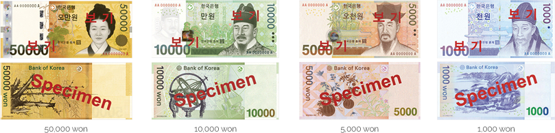 Denomination Bills - 50,000won, 10,000won, 5,000won, 1,000won